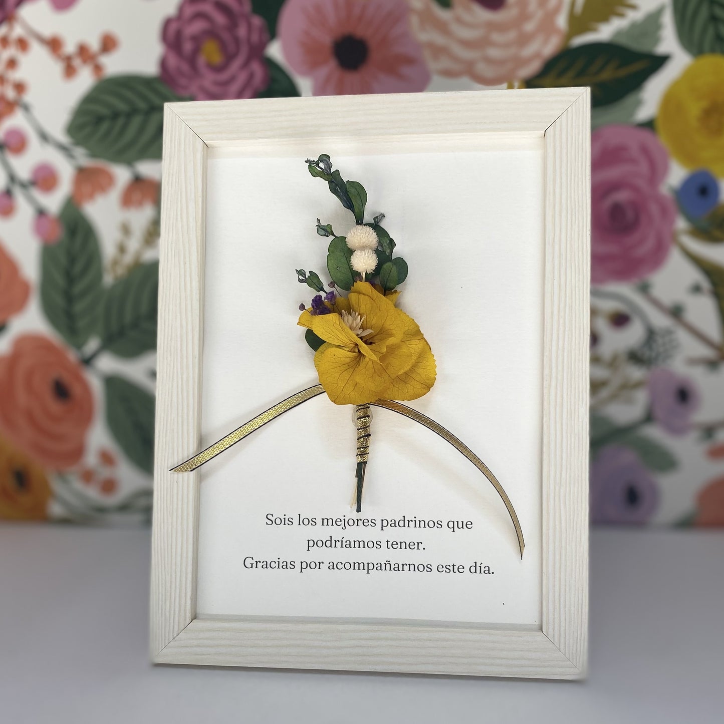 Cadre avec bouquet stabilisé et message personnalisé